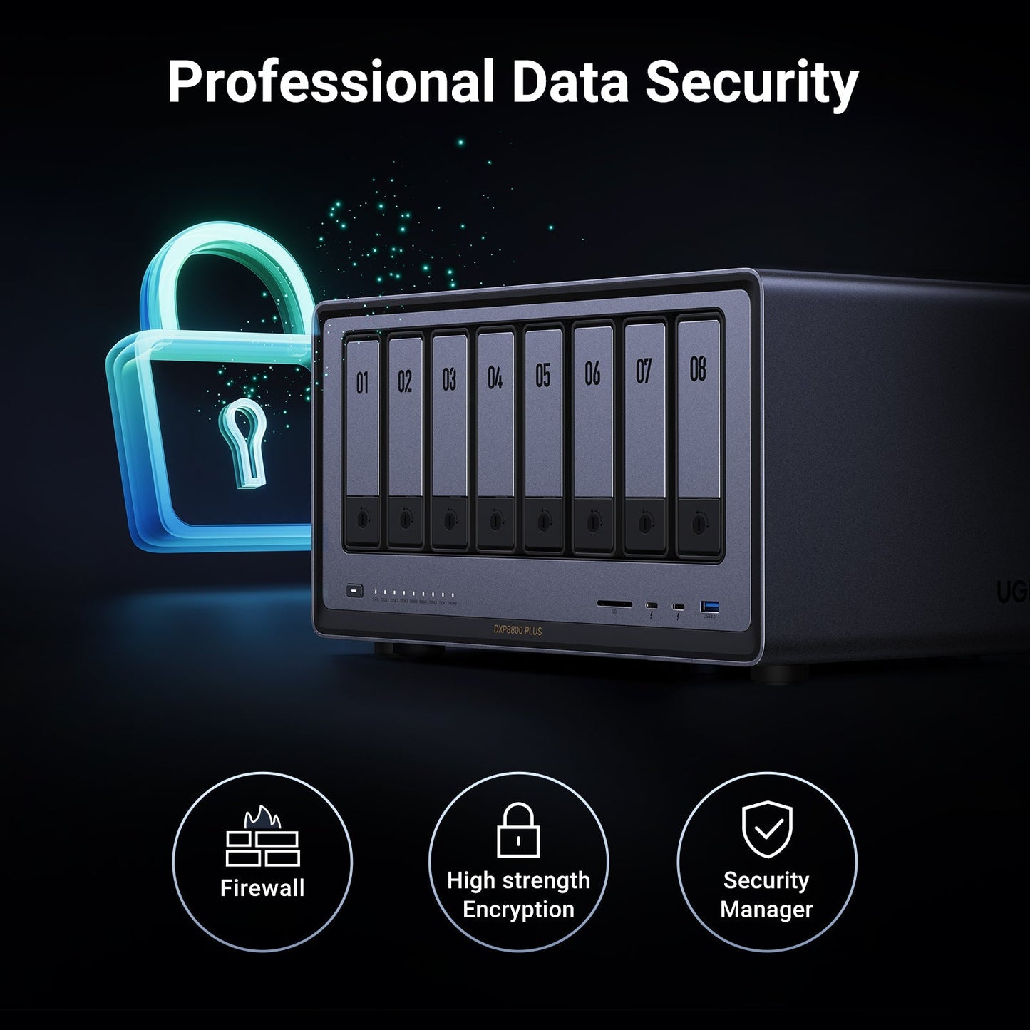 UGREEN 8 bay NAS Storage Professional Data Security: Firewall, High-Strength Encryption, and Security Manager, device has powerful safety features.