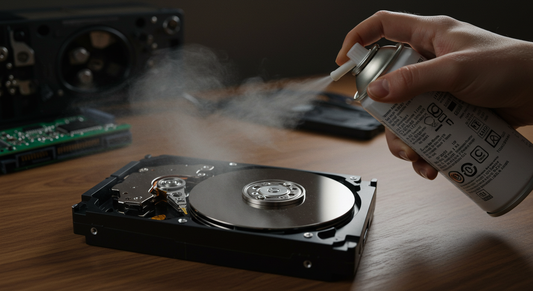 Use a can of compressed air to clean the hard disk enclosure and heat sinks