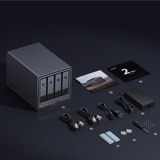 UGREEN 4 bay NAS Storage  plus  accessories include a power adapter, multiple cables, a user manual, a two-year warranty card,Two blue heat dissipation strips, a small screwdriver, and screws, all arranged neatly on a dark background.